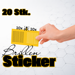 Bogen mit 20 kleinen gelben Brillen-Stickers von bee-id.de zur Kennzeichnung und Fundort-Bestimmung.